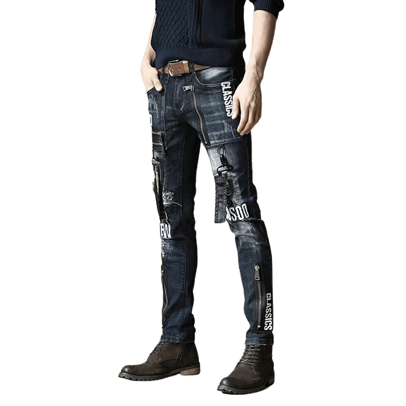 Men's Biker Pants Fashion Buckle Punk Skinny Ripped Jeans Casual Denim  Trousers