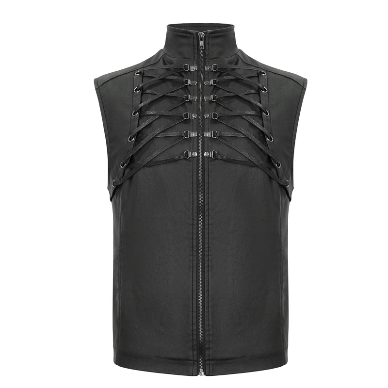 Men's punk stylish black vest with zipper and lace-up back, perfect for a gothic wardrobe.