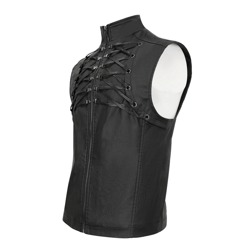 Stylish black punk waistcoat with zipper and lace-up detail on the front, perfect for Gothic fashion enthusiasts.