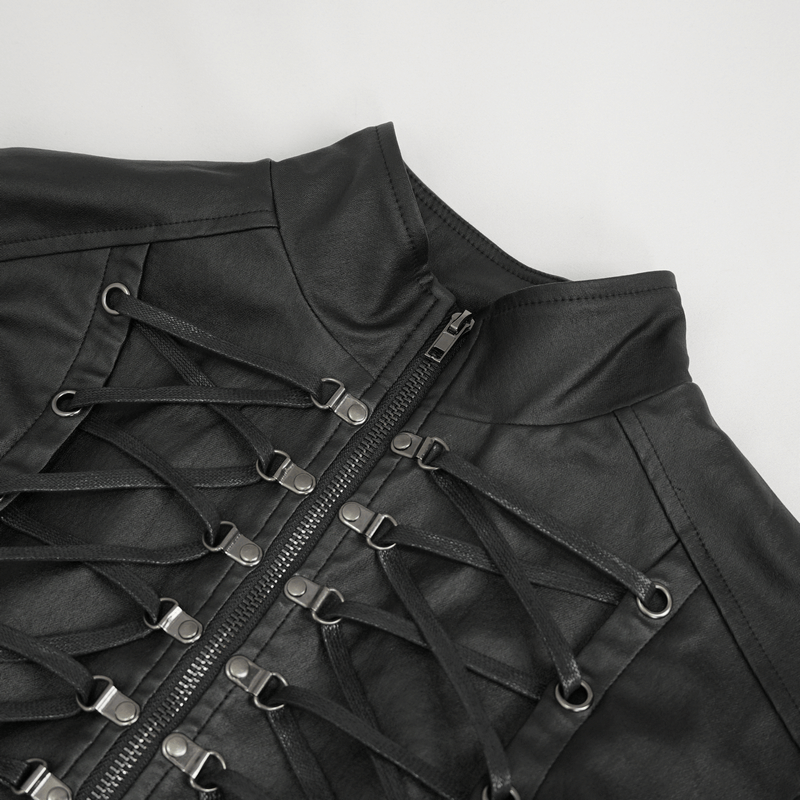 Close-up of a black punk-style waistcoat featuring zipper and lace-up details for a stylish gothic look.