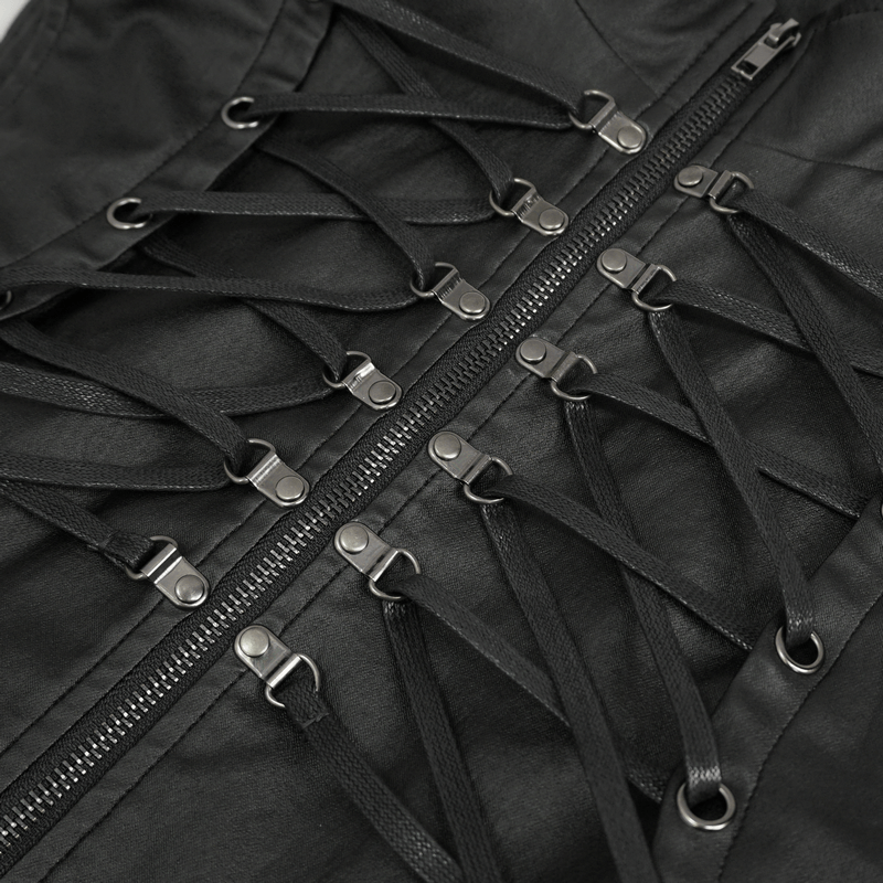 Close-up of punk stylish waistcoat showcasing lace-up back and zipper detail, perfect for gothic men's fashion.