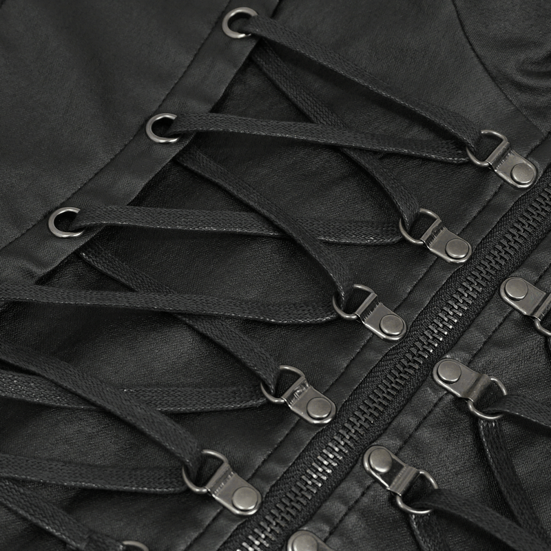 Close-up of a punk men's waistcoat featuring lace-up back and zipper detail in black leather.
