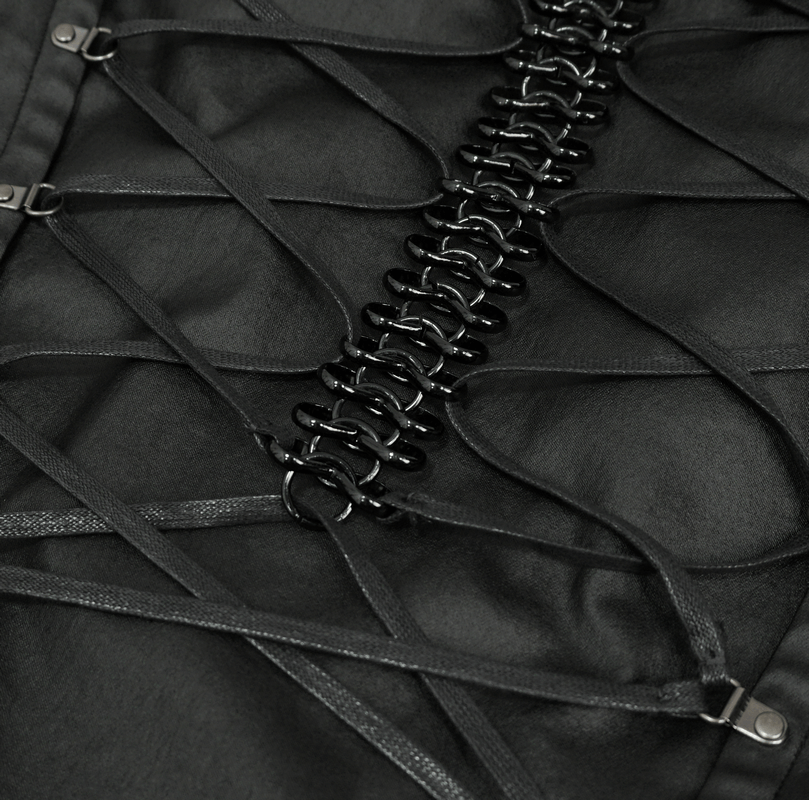 Close-up of black lace-up back of punk stylish waistcoat with metallic eyelets and straps.