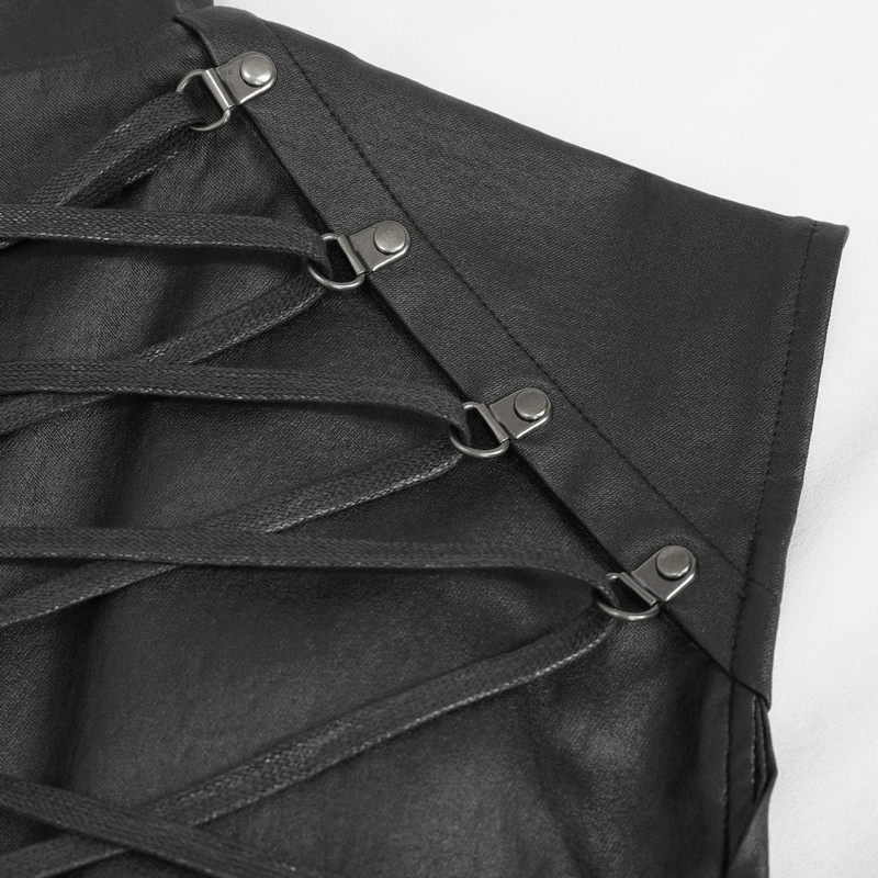 Close-up of gothic men's waistcoat lace-up back detailing with stylish metal clasps.