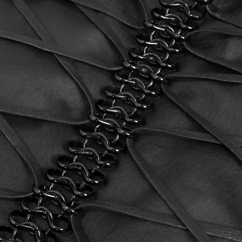 Close-up of a black punk style waistcoat featuring a stylish lace-up back and bold zipper detail.