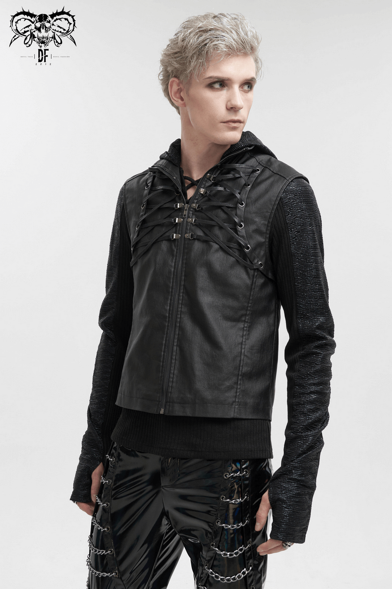 Stylish punk men's black leather vest with lace-up details, a hood, and edgy design elements, perfect for a standout gothic look.