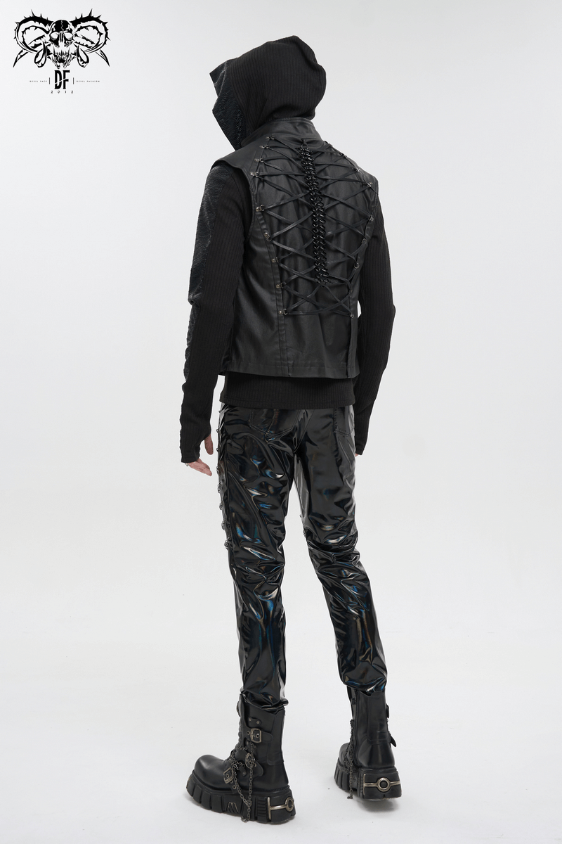 Back view of a stylish punk men's waistcoat with lace-up details, paired with glossy black pants and boots.
