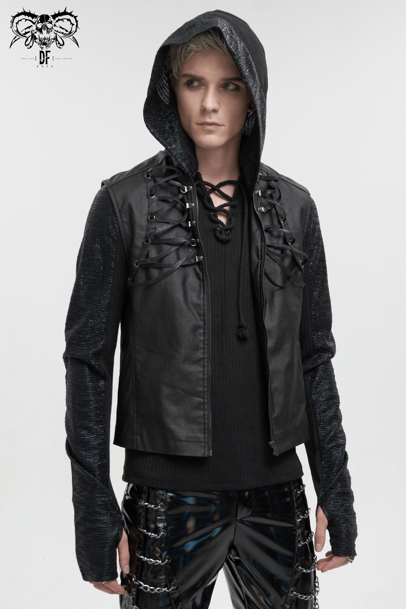 Punk Stylish Strappy Stand Collar Waistcoat / Gothic Men's Zipper Vest with Lace-up Back