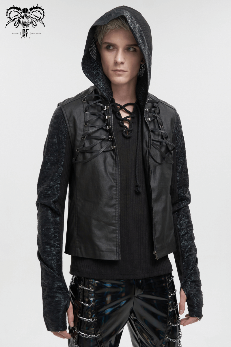 Punk stylish black hoodie vest with lace-up details, perfect for a trendy gothic look.