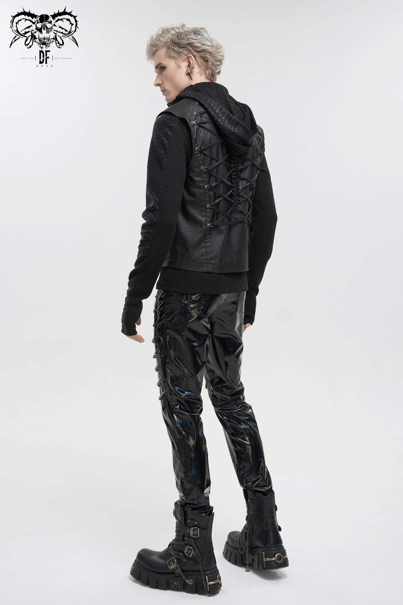 Back view of a stylish punk men’s waistcoat with lace-up details and black patent pants, perfect for a bold gothic look.