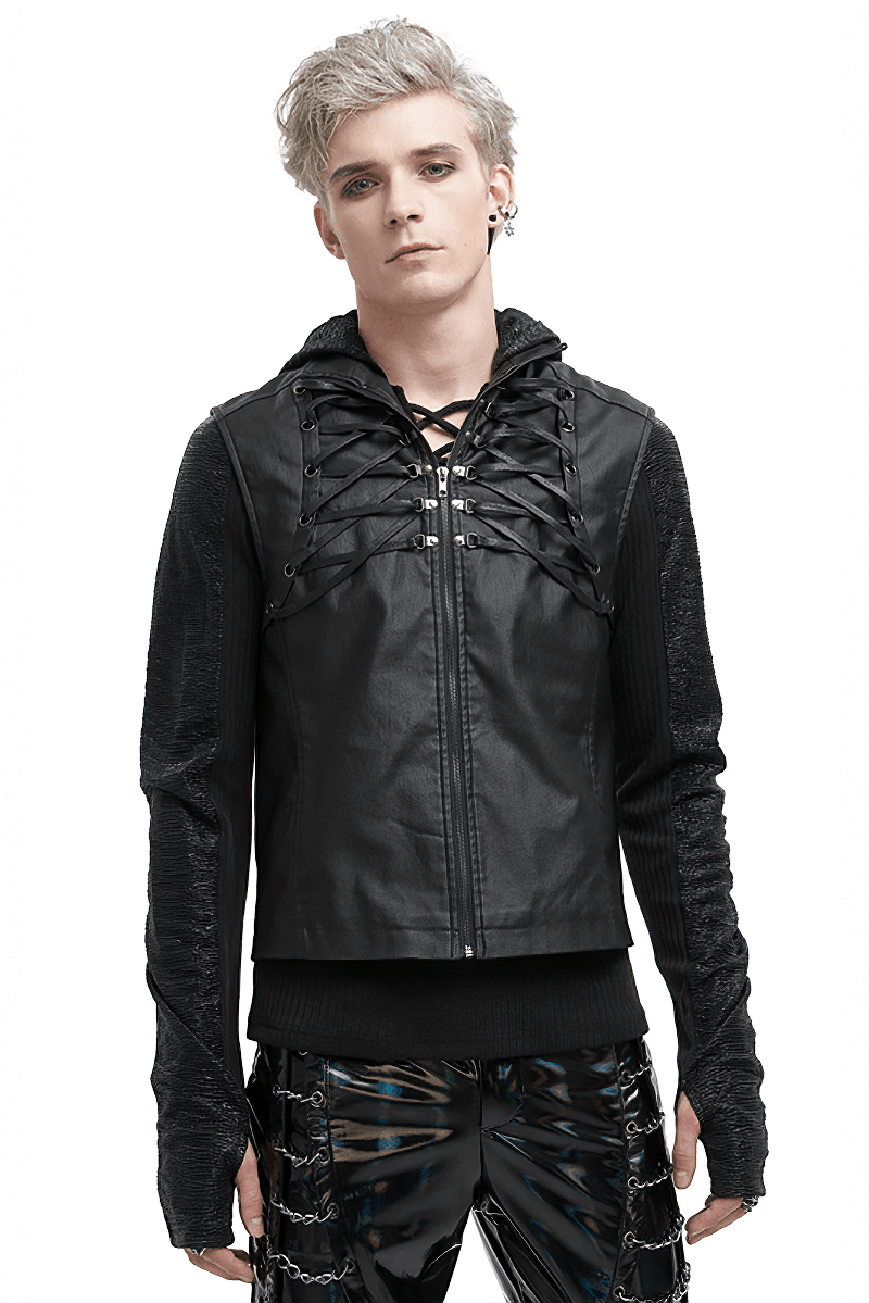 Punk stylish black hooded vest with lace-up front, perfect for edgy men's fashion and gothic wardrobe.