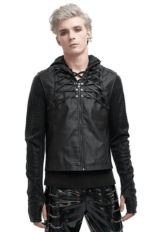 Stilvolle Punk-Weste mit Riemchen und Stehkragen / Gothic-Herrenweste mit Reißverschluss und Schnürung am Rücken