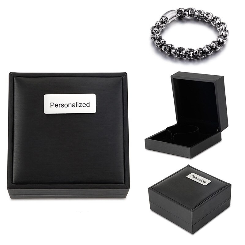 Personalized black gift box for punk style stainless steel skull bracelet, showcasing bracelet design and elegant packaging.