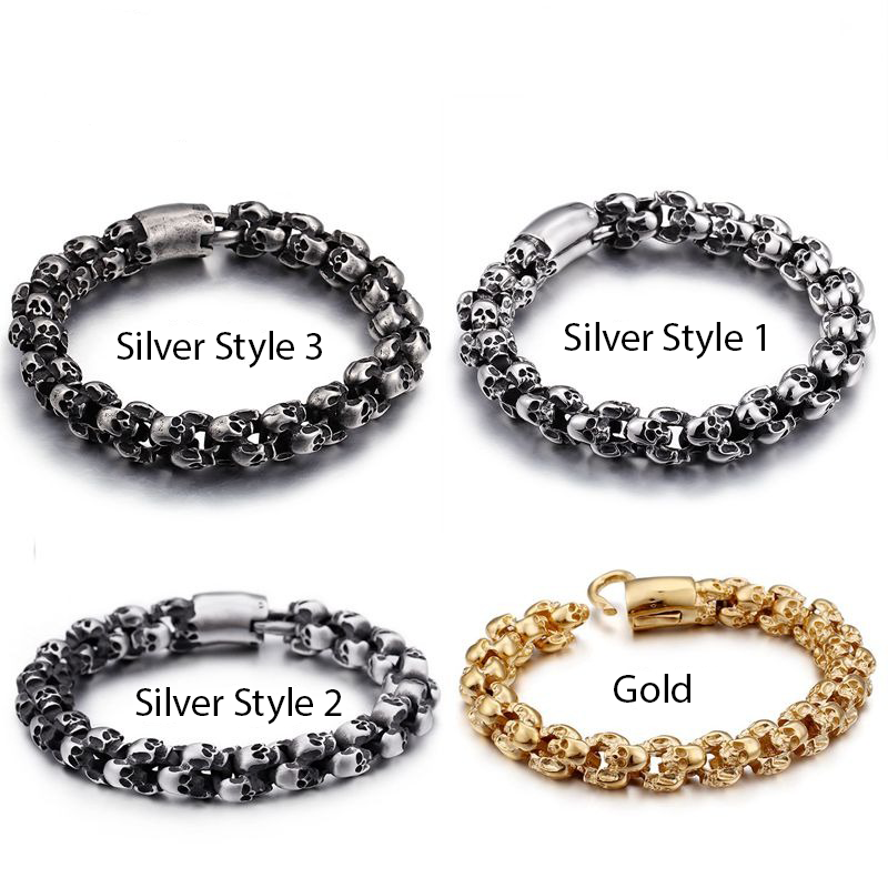 Men's punk skull bracelet options in silver and gold styles, showcasing chic and edgy stainless steel jewelry.