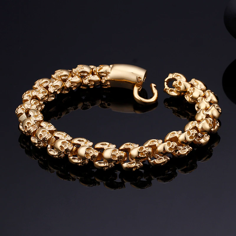 Gold stainless steel skull bracelet, punk style jewelry for men, perfect accessory for edgy looks.