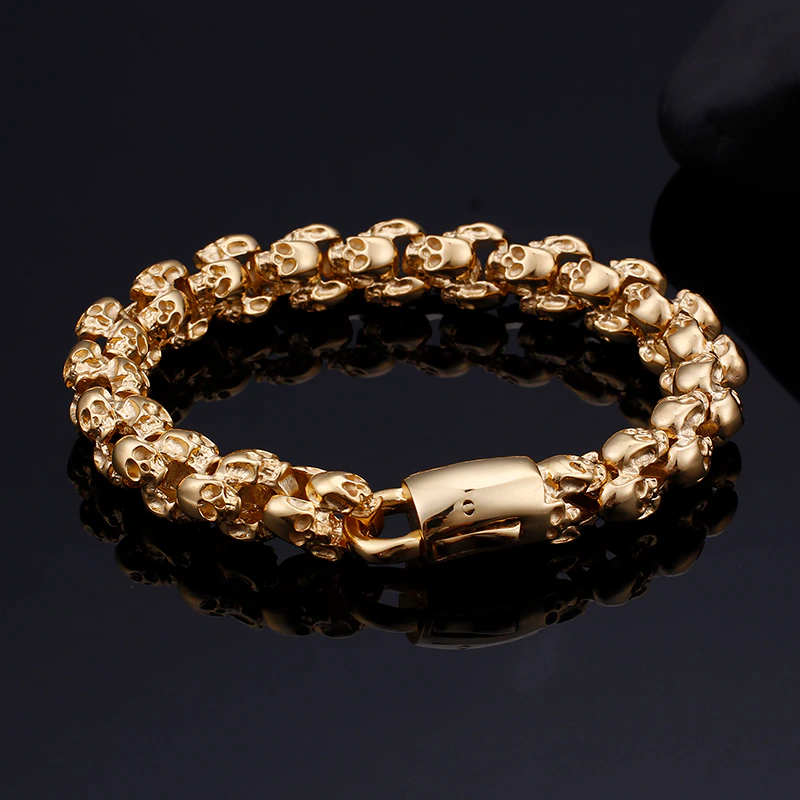 Punk style gold stainless steel skull bracelet for men, perfect accessory to elevate any edgy outfit.