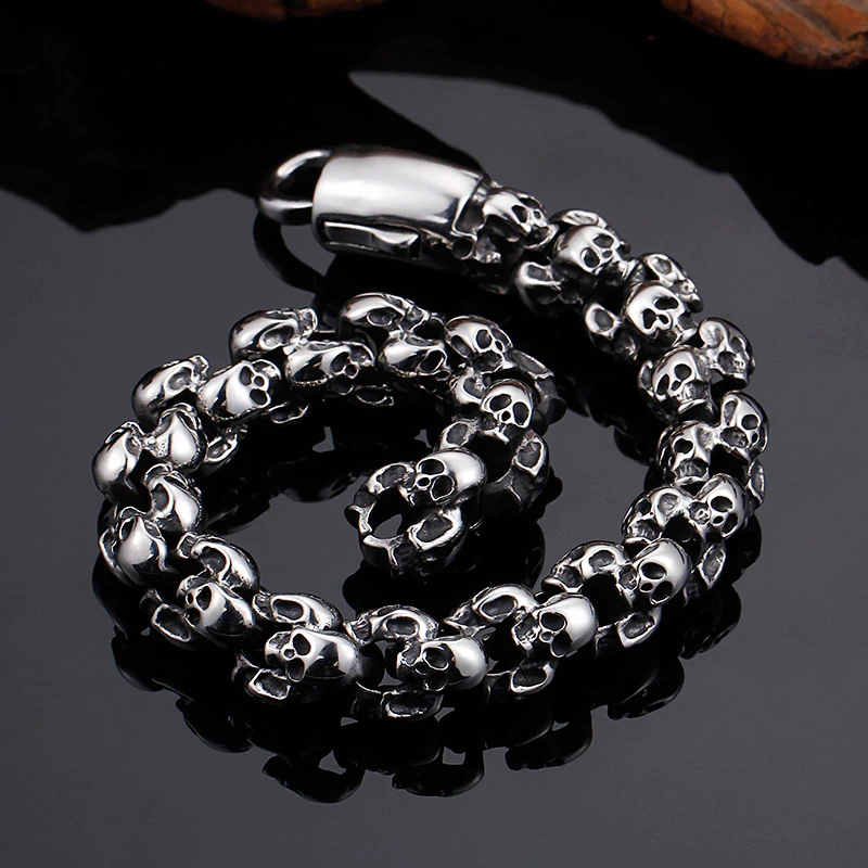 Punk style men's skull bracelet made of stainless steel, featuring a unique design perfect for edgy outfits.