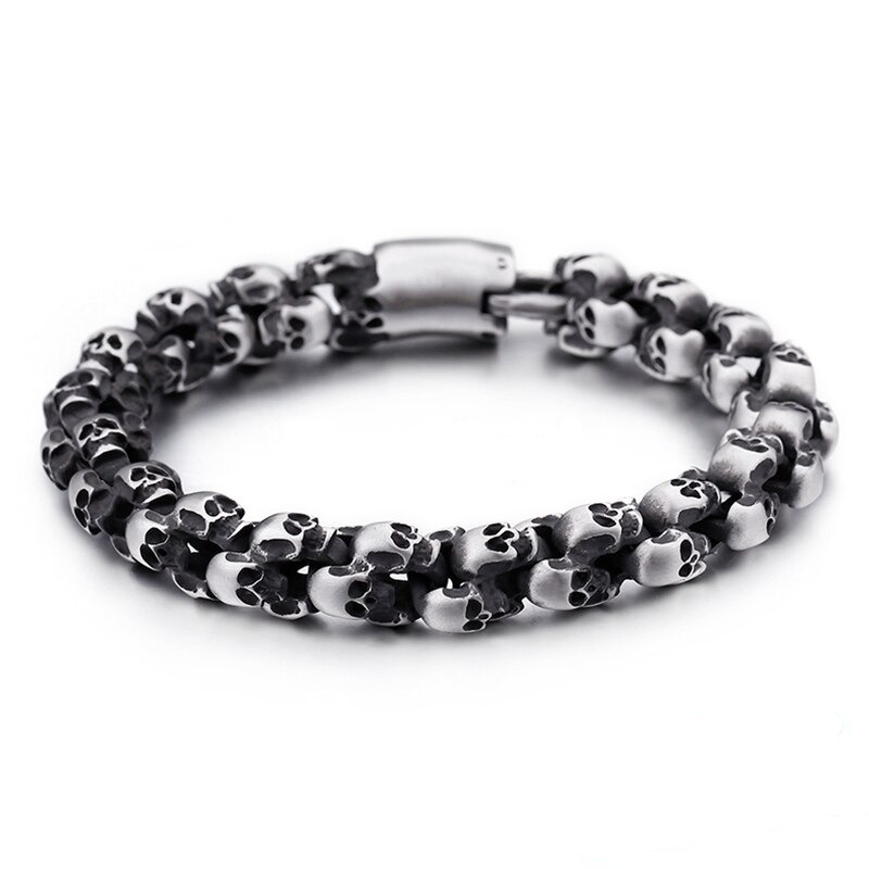 Men's punk style skull bracelet in stainless steel, featuring a creative skull design for a cool edge to any outfit.