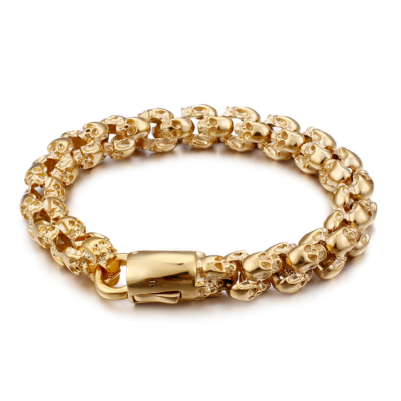 Punk style gold stainless steel skull bracelet for men, adding flair to any outfit.