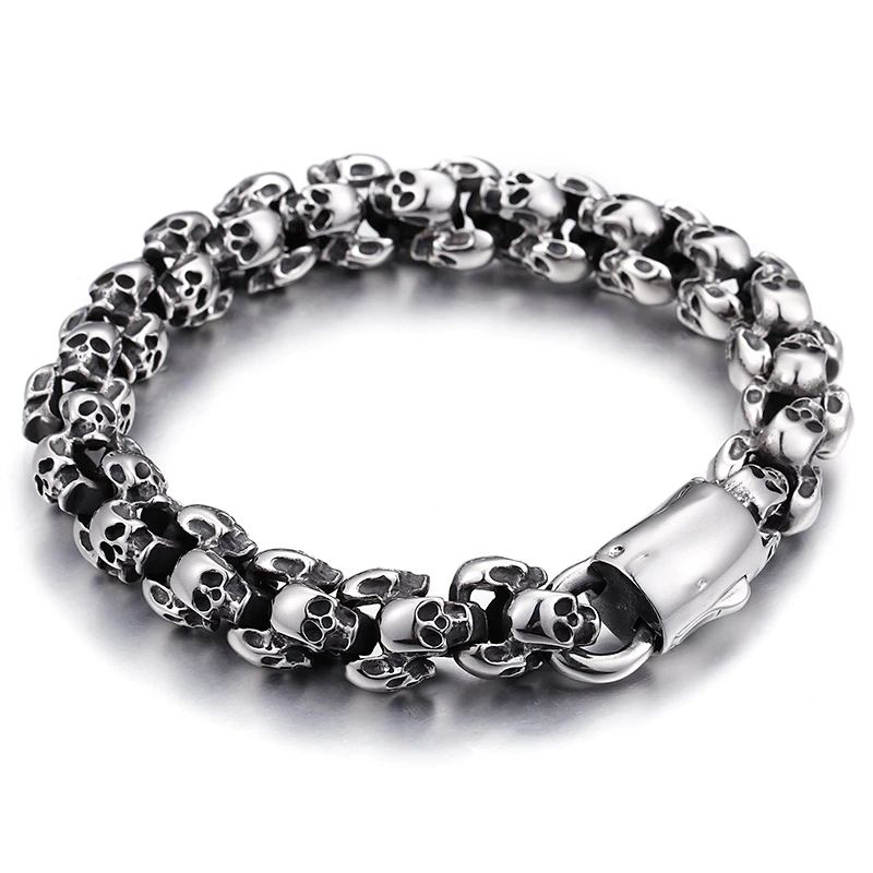 Stylish stainless steel skull bracelet for men, perfect for punk fashion and unique looks.