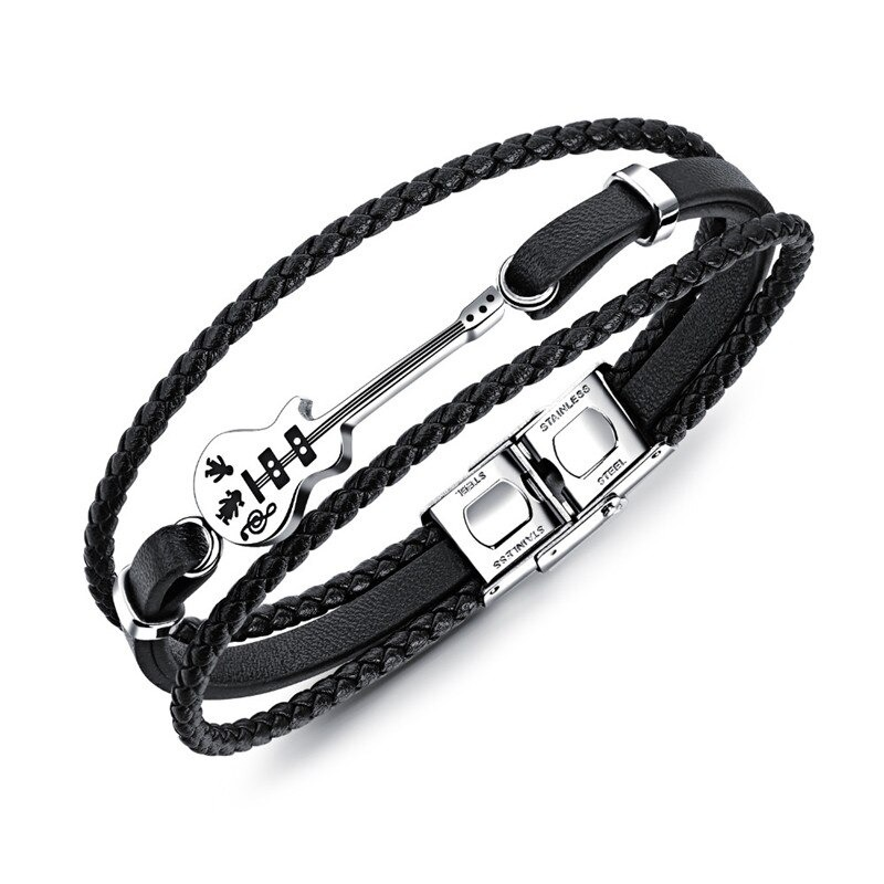 Stylish punk vintage multilayer genuine leather bracelet with guitar metal insert for men.