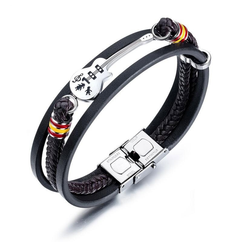 Punk vintage multilayer leather bracelet with guitar decoration for stylish men. Perfect rock jewelry for any outfit.