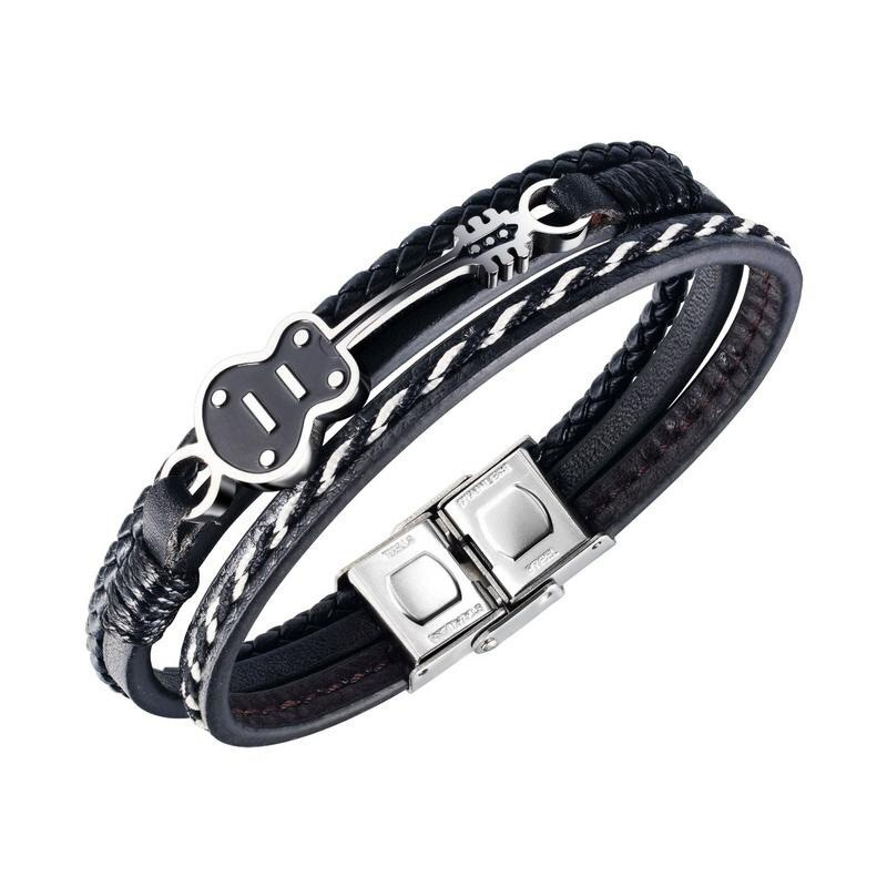 Punk vintage multilayer leather bracelet featuring a guitar design, perfect for men's gothic style jewelry.