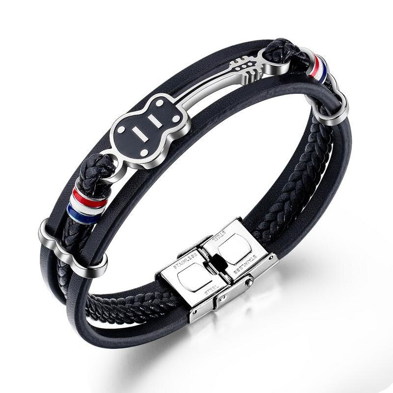 Punk vintage multilayer leather bracelet featuring a stylish guitar metal insert and braided design for trendy men.