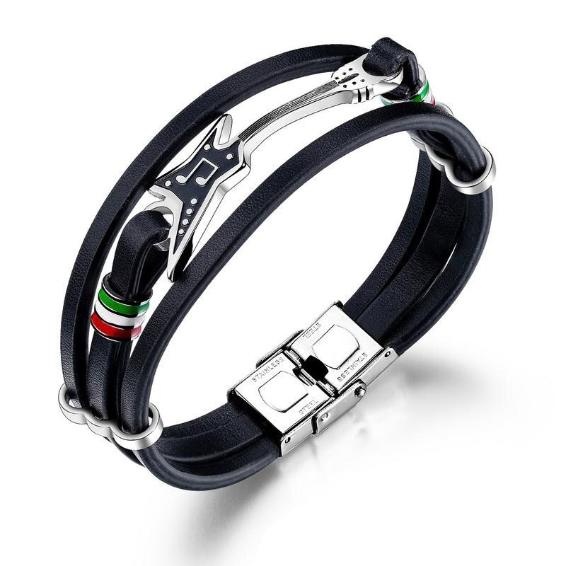 Punk vintage multilayer genuine leather bracelet with guitar design, stylish men's rock jewelry.
