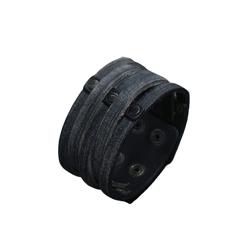 Punk wide leather bracelet with rivets, unisex fashion accessory for men and women, black color.