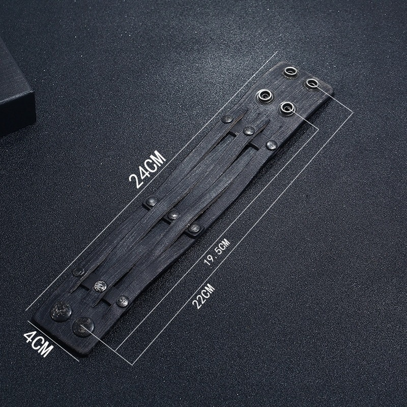 Punk wide leather bracelet with rivets, dimensions 24cm x 4cm, stylish unisex jewelry on black background.
