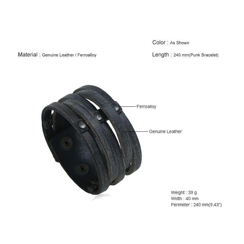 Punk wide leather bracelet in black with rivets, made of genuine leather and ferroalloy, unisex fashion accessory.