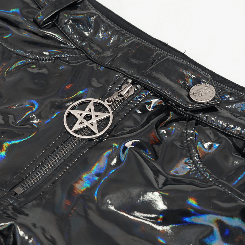 Punk Women's Pentagram Faux Leather Shorts / Gothic Zipper Black Sexy Shorts