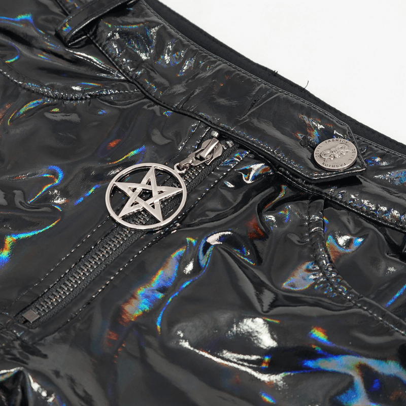 Close-up of punk women's black faux leather shorts featuring a pentagram zipper detail for a gothic style.