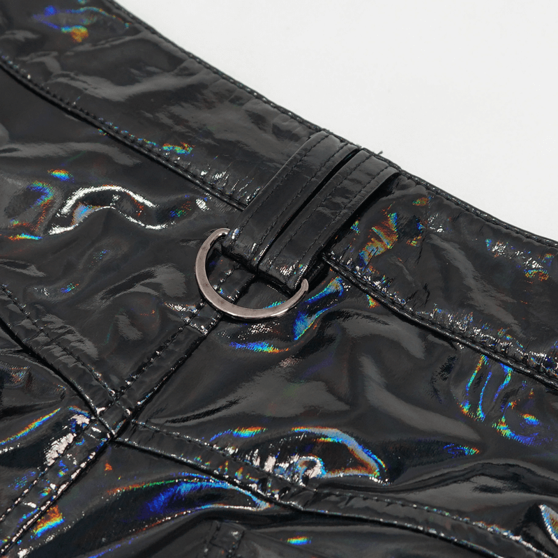 Close-up of stylish punk women's black faux leather shorts featuring a shiny finish and unique belt detail.