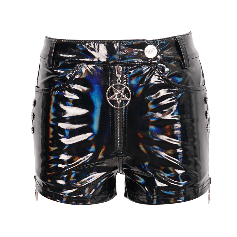 Punk women's black faux leather shorts with pentagram detail and zipper, perfect for a gothic look.
