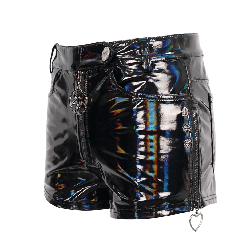 Punk women's black faux leather shorts with pentagram and zipper details for a gothic, sexy look.