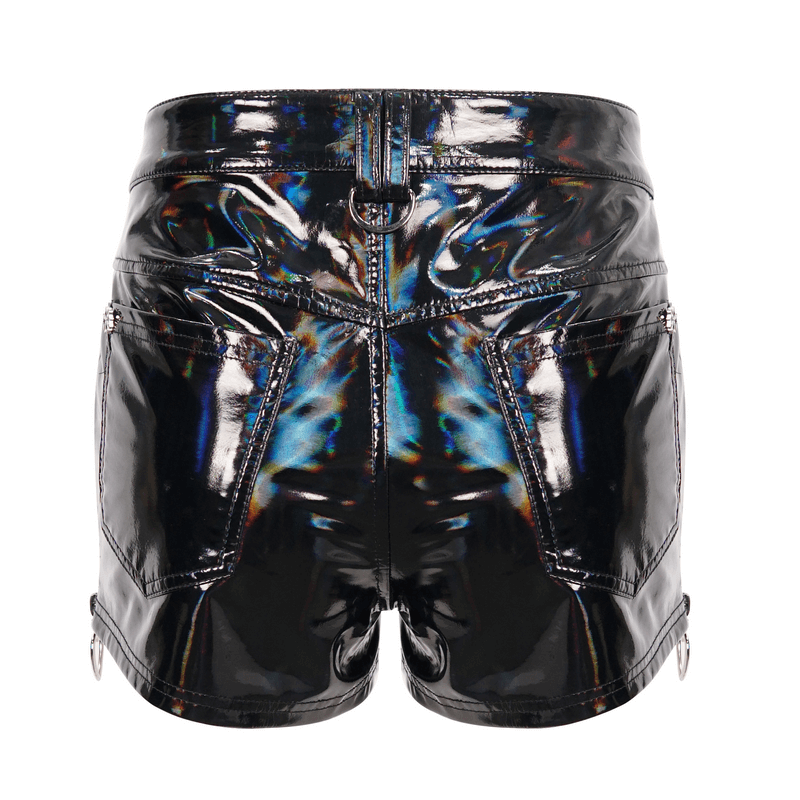 Back view of shiny black faux leather punk shorts with pockets and zippers, perfect for a gothic style.