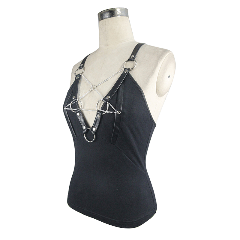 Punk women's black camisole with pentagram and silver chain details, perfect for edgy fashion.