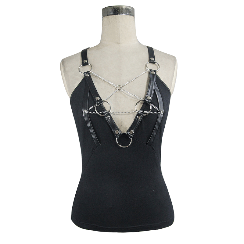 Punk Women's Slightly Elastic Camisole With Pentagram / Ladies Deep V Neck Black Camis with Chain - HARD'N'HEAVY