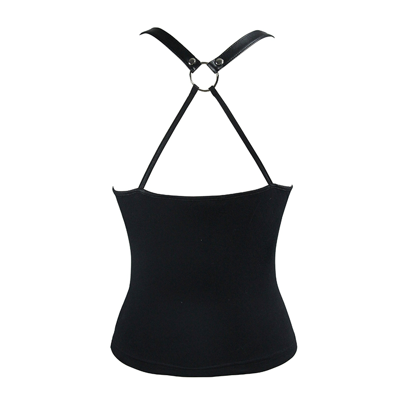 Punk Women's Slightly Elastic Camisole With Pentagram / Ladies Deep V Neck Black Camis with Chain - HARD'N'HEAVY