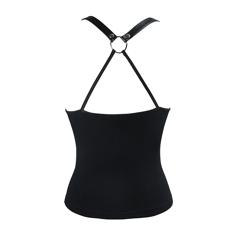 Back view of a black women's elastic camisole with punk-style straps and silver circle detail.