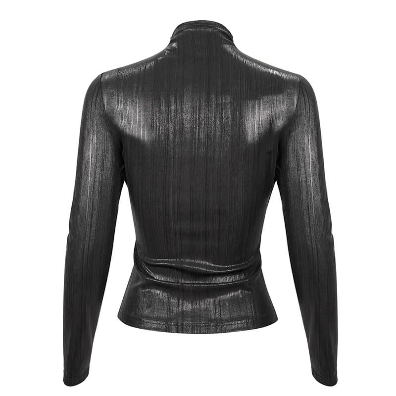 Back view of a punk women's long sleeve black top with a stand collar and stylish zipper detail.