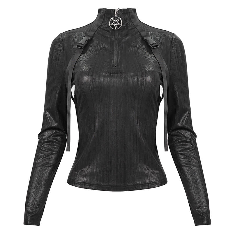 Punk women's black top with stand collar, long sleeves, zipper, and metal pentagram detail.