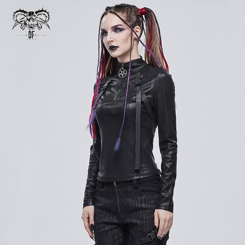 Punk women's black top with stand collar, long sleeves, and pentagram detail, styled with edgy braids.