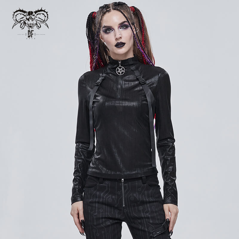 Punk Women's Stand Collar Long Sleeve Top with Belt / Stunning Black Tops Zip With Metal Pentagram - HARD'N'HEAVY