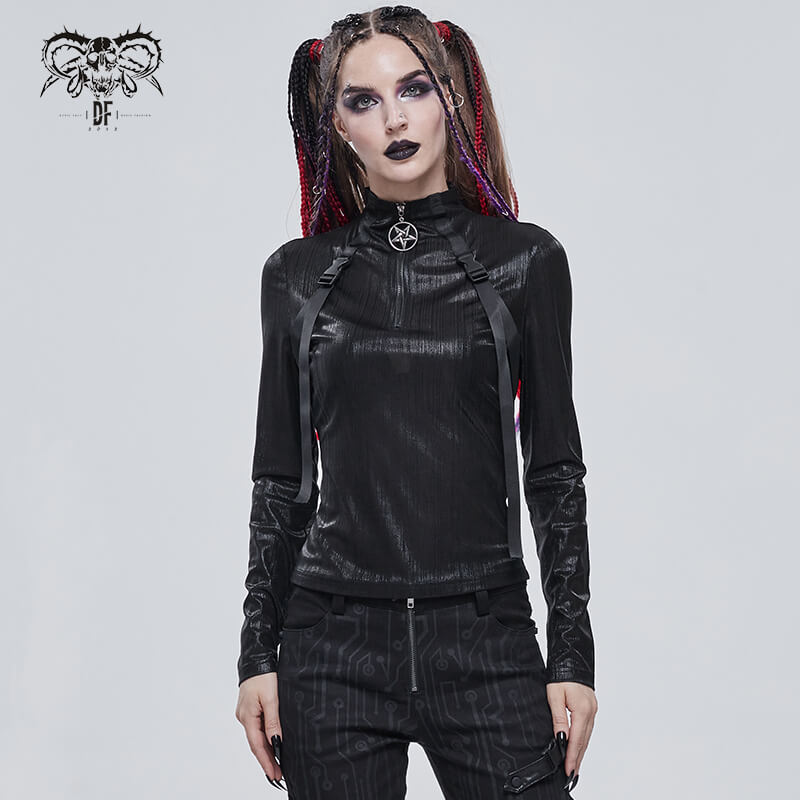 Punk women's long sleeve black top with zipper and pentagram detail, stylish model showcasing edgy fashion.