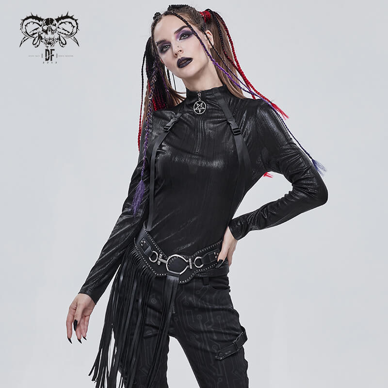 Punk Women's Stand Collar Long Sleeve Top with Belt / Stunning Black Tops Zip With Metal Pentagram - HARD'N'HEAVY