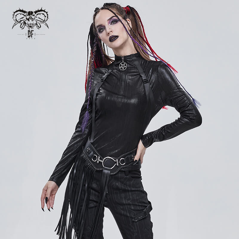 Punk women's black top with pentagram, long sleeves, and stylish fringe, perfect for edgy fashion lovers.
