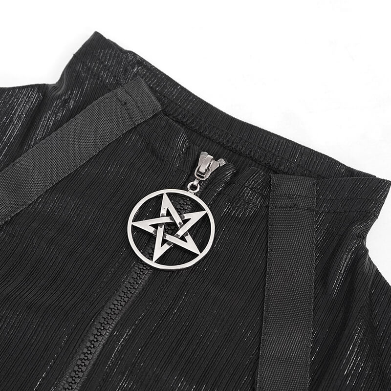 Close-up of women's black top zipper featuring a stylish metal pentagram pendant, ideal for punk fashion.